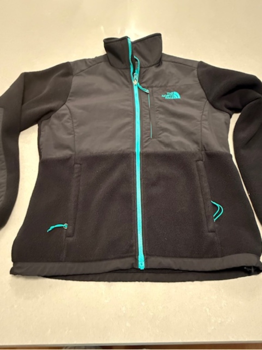 Women's Black The North Face Denali Teal Accent Fleece Jacket size Large EUC!